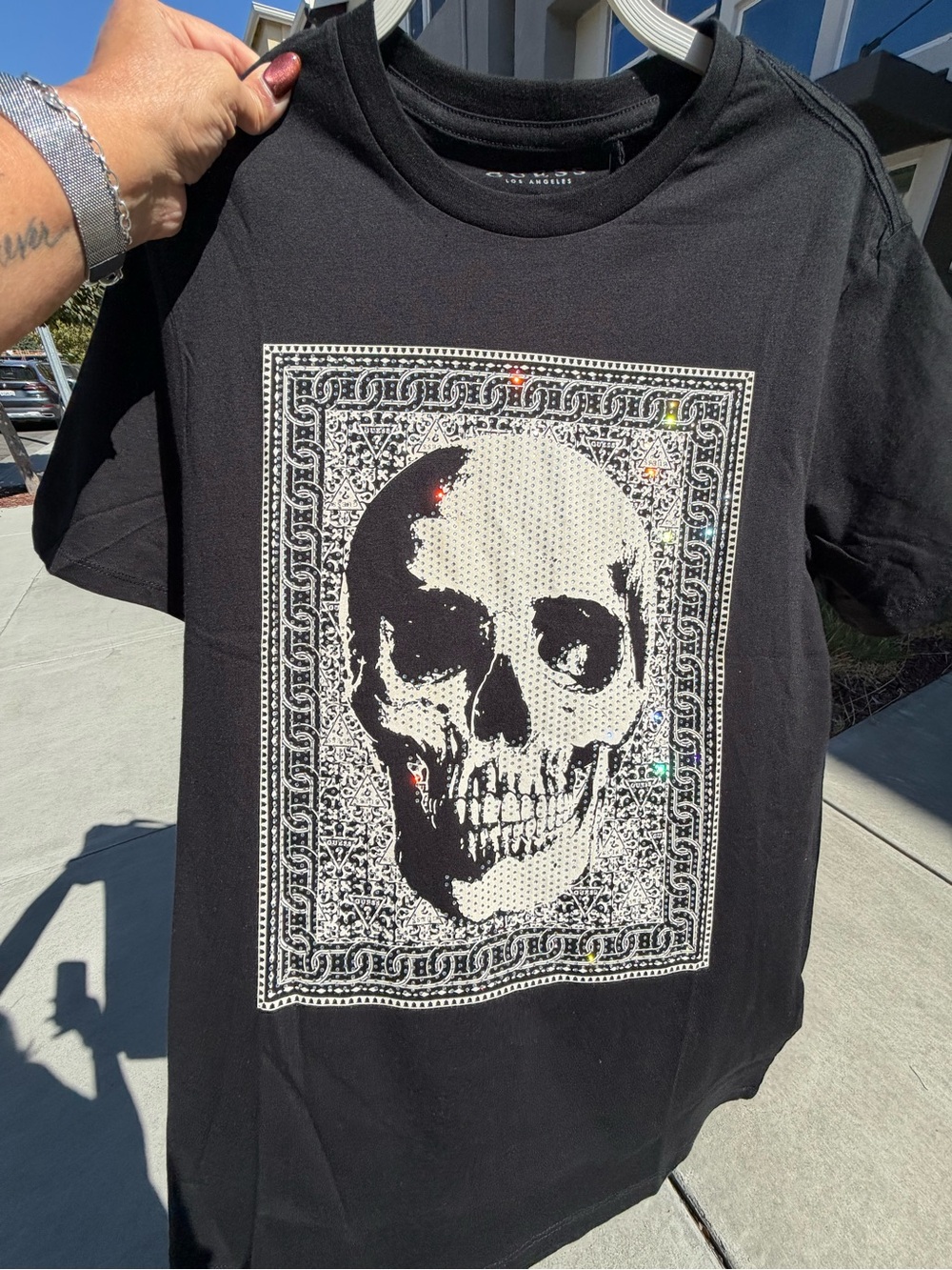 NWT GUESS Black Short-Sleeve Tee with White BLING SKULL GRAPHIC